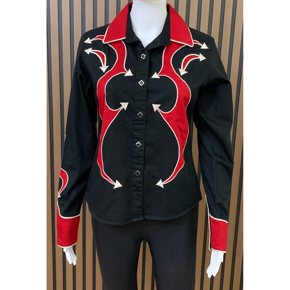 Panhandle Slim Retro Western Wear Shirt Black Red Applique Snap Button Medium